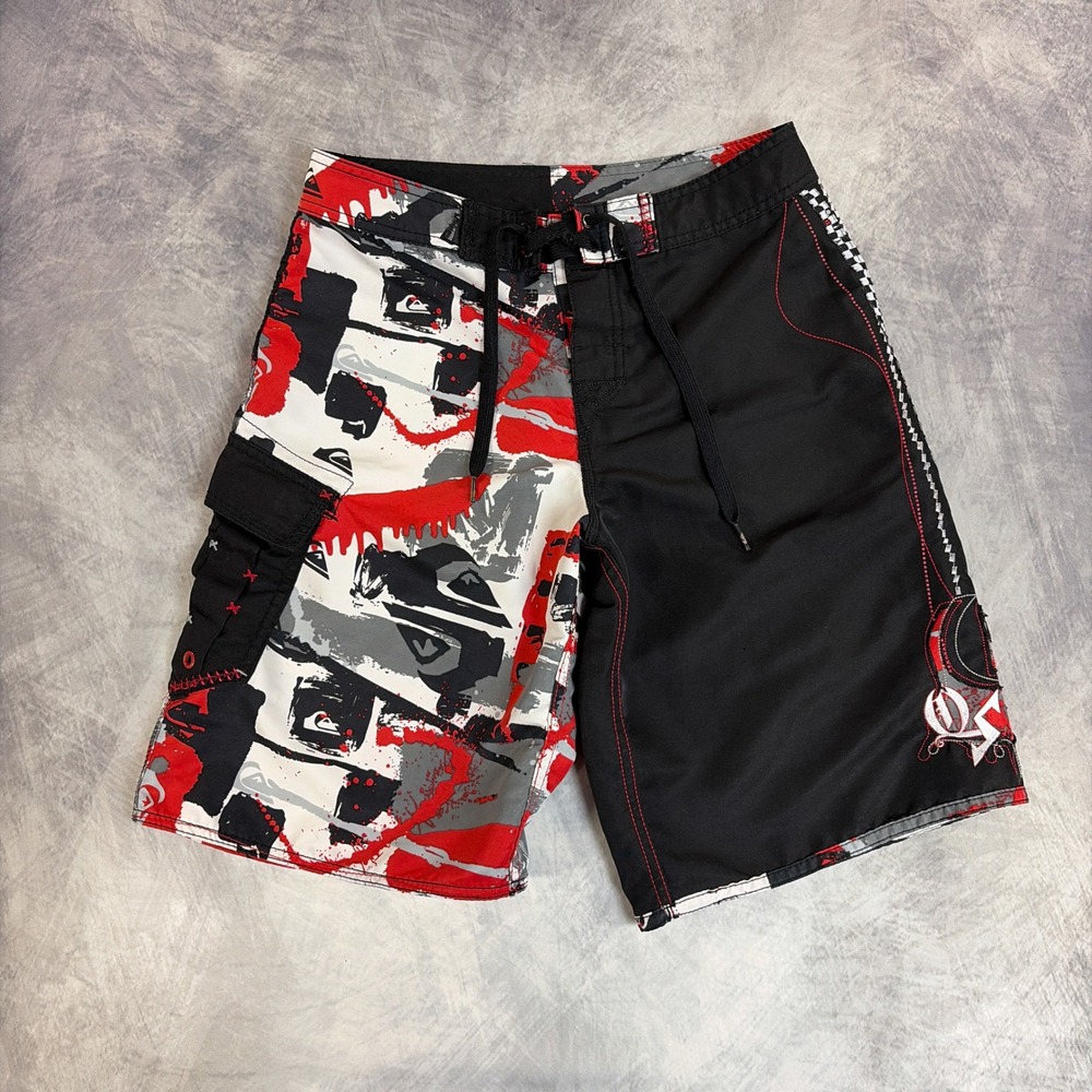 Vintage Quiksilver Board Shorts Boys 16 Black Red Graphic Print Cargo Swim Trunk